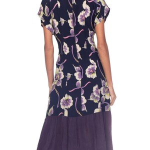 1940S Navy, Lime Green & Purple Rayon Floral Printed Dress With Taffeta Hem image 5