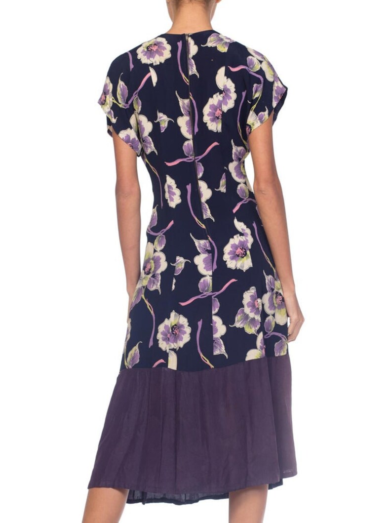 1940S Navy, Lime Green & Purple Rayon Floral Printed Dress With Taffeta Hem image 5