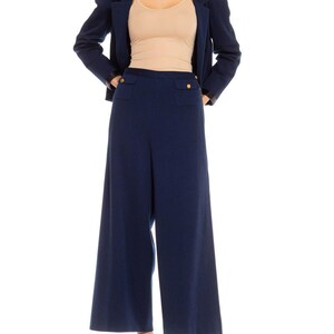 1970S Chanel Navy Blue Wool Blend Jersey Pant Suit With Black Satin Trim Gold Buttons image 5