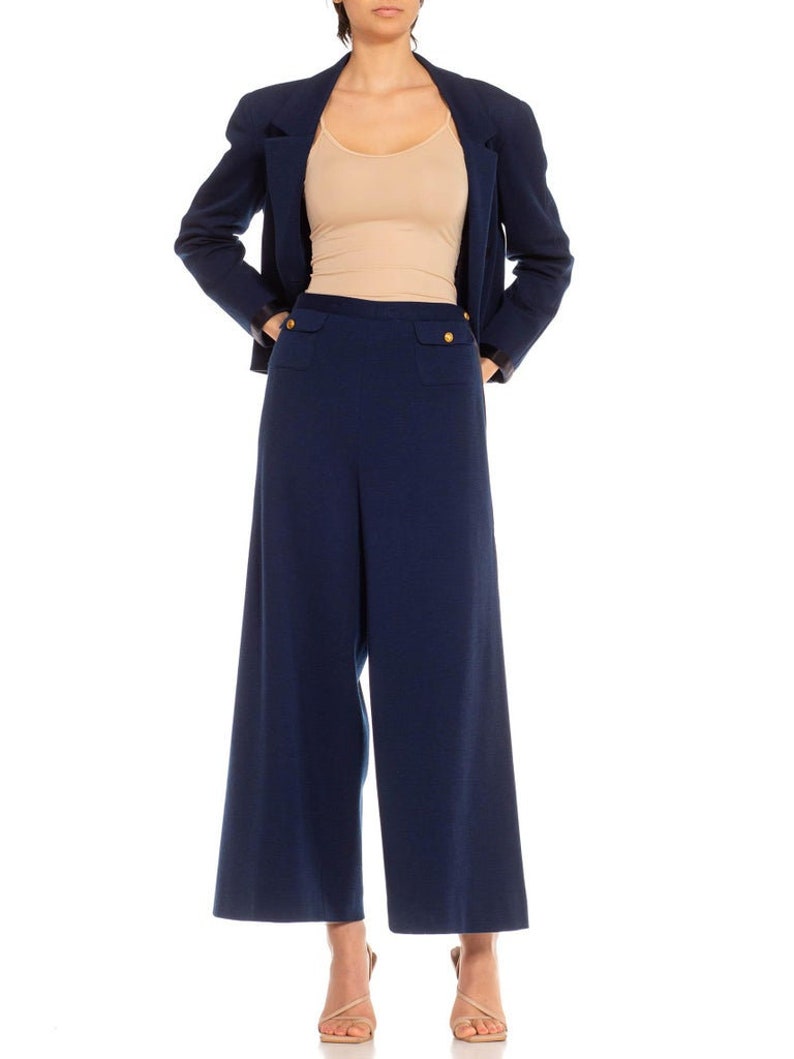 1970S Chanel Navy Blue Wool Blend Jersey Pant Suit With Black Satin Trim Gold Buttons image 5