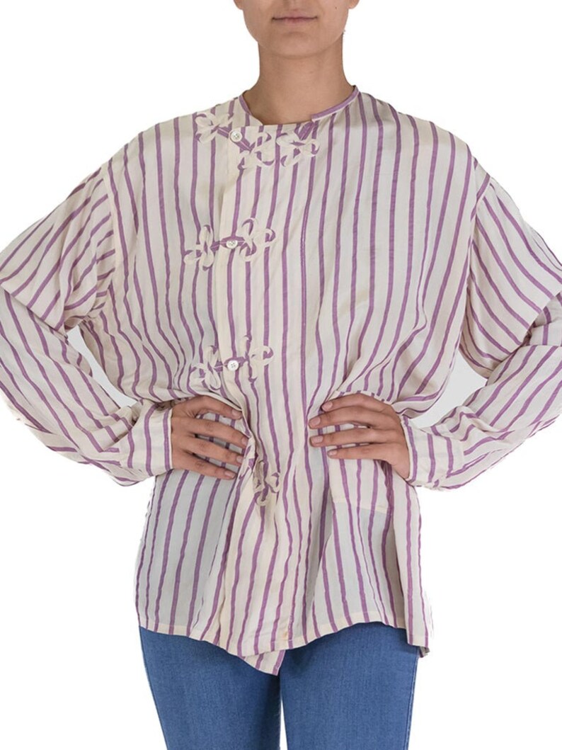 Victorian White Lavender Silk Striped Antique Pajama Top image 5