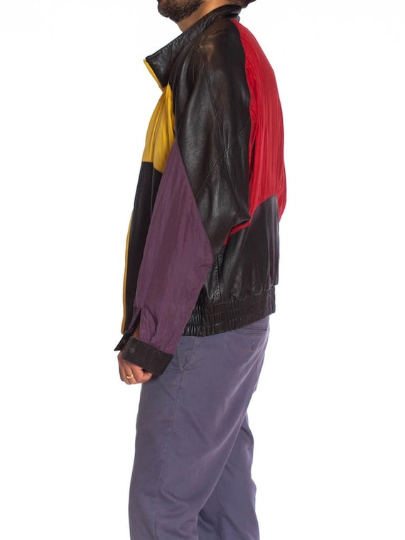 1990S Black Leather Men's Bomber Jacket With Yell… - image 2
