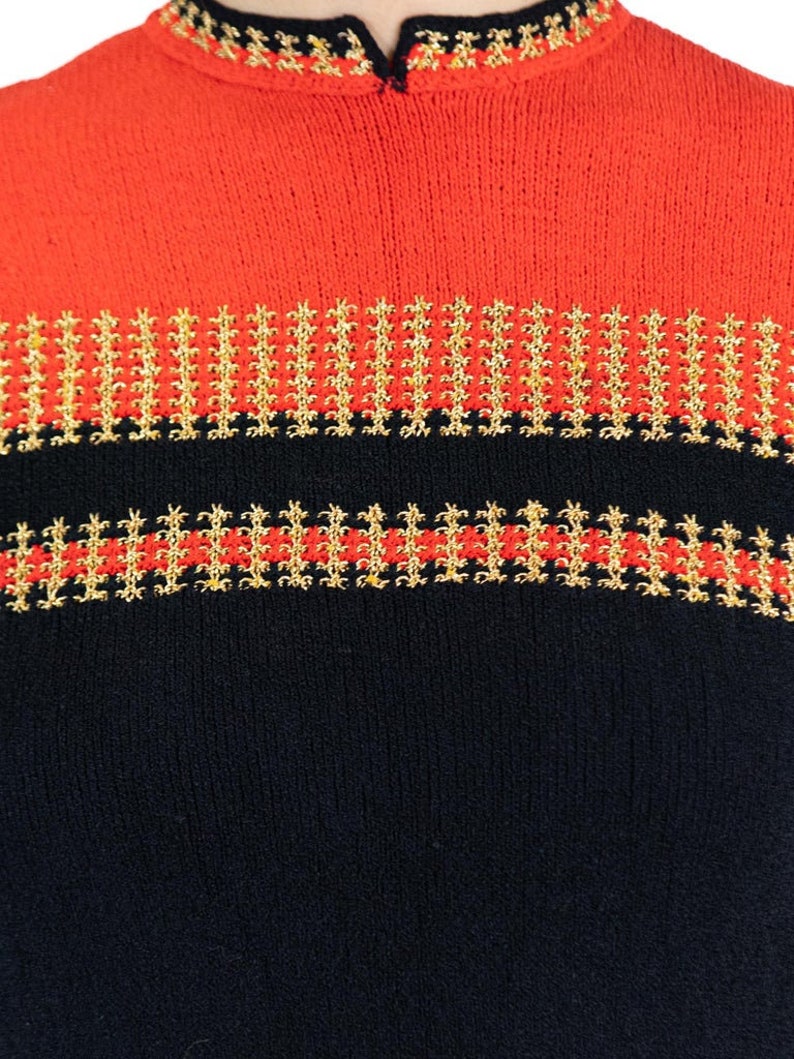 1940S Black Red Rayon Hand Knit Top With Metallic Gold Details image 5