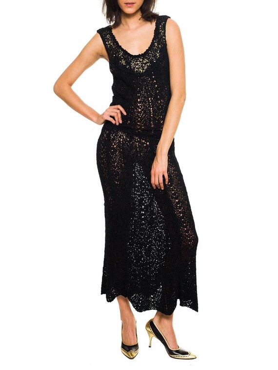 1930S Black Silk Hand Knit Dress With Hand-Painted
