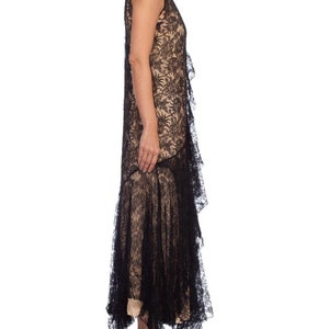 1920S Black Silk Chantilly Lace Flowy Cocktail Dress With Original Slip And Flower Corsage image 2