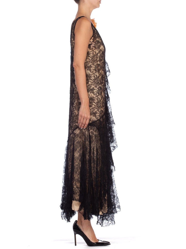 1920S Black Silk Chantilly Lace Flowy Cocktail Dress With Original Slip And Flower Corsage image 2