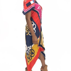 MORPHEW COLLECTION Pink & Blue Silk Poly Bias Cut Scarf Kaftan Dress Made From 1970'S Geometric Scarves image 2