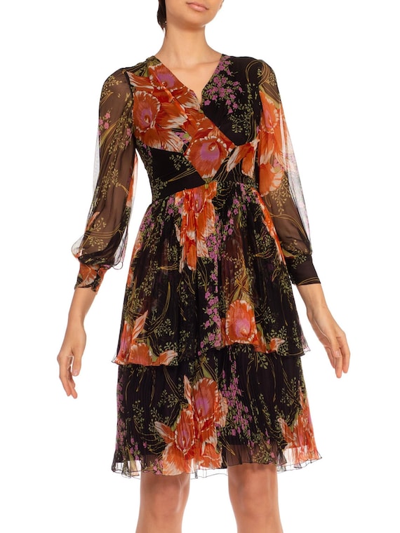 1970S Black  Orange Silk Chiffon Parisian Floral D