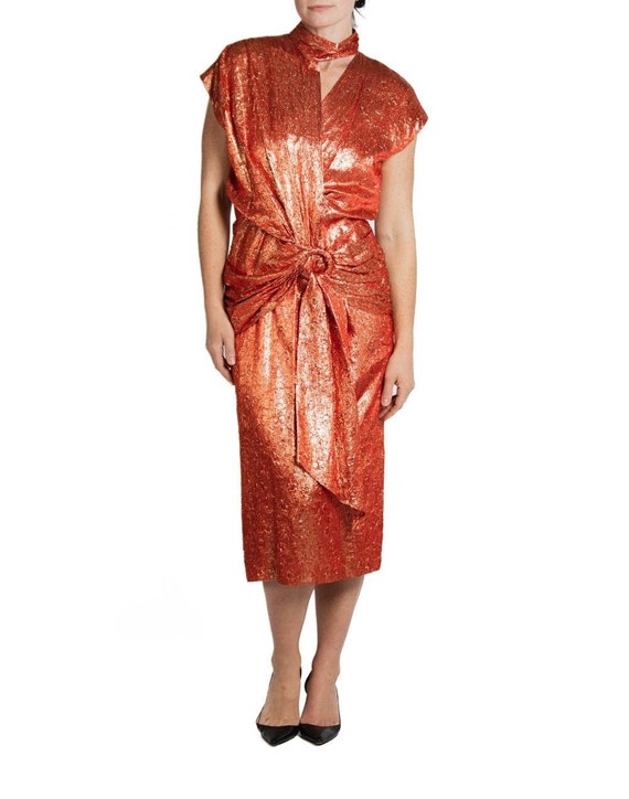 1980S Red & Gold Rayon/Lurex Jacquard Dress