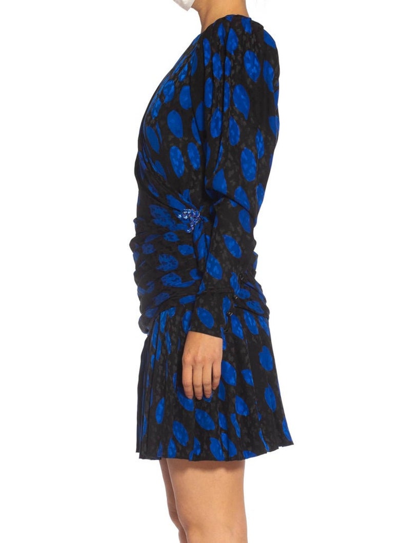 1980S Givenchy Black Blue Haute Couture Silk Jacquard Draped Cocktail Dress With Sleeves image 3