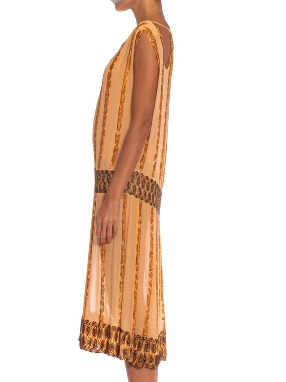 1920S Peach Silk Chiffon Beaded In Amber  Metalli… - image 3