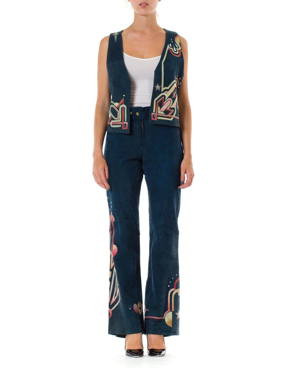1970S Blue Hand Painted Suede Glam Rock Star Pants