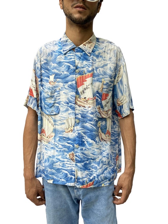 1950S Pennys Blue Waves Rayon Sailboats Hawaiian … - image 1