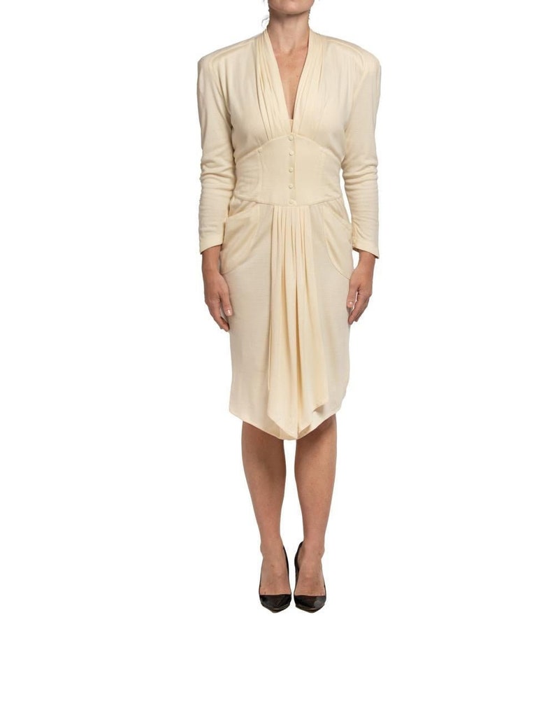 1980S THIERRY MUGLER Cream Wool Blend Jersey Sleeved Dress With Pockets image 1