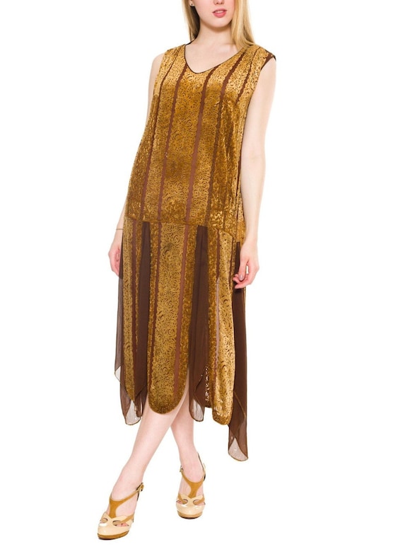 1920S Caramel Brown Silk Burnout Velvet & Chiffon Beaded Flapper Cocktail Dress 1920S Caramel Brown Silk Burnout Velvet & Chiffon Beaded Flapper Cocktail Dress