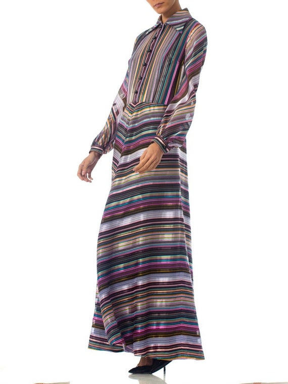 1970S Purple & Blue Striped Poly Blend Satin Long… - image 7