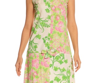 1960S LILLY PULITZER Green  Pink Cotton Patch Worked Floral Shift Dress