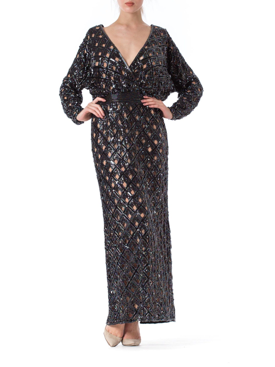 1970S Bob Mackie Black Beaded Silk Geometric Cut Out Low & Backless Gown