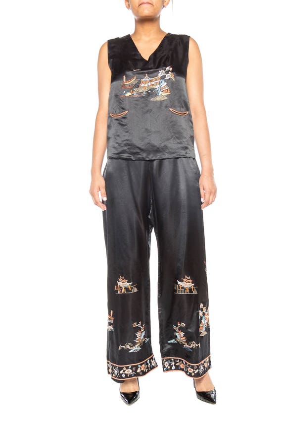 1920S Black Silk Satin Chinese Embroidered Pajamas