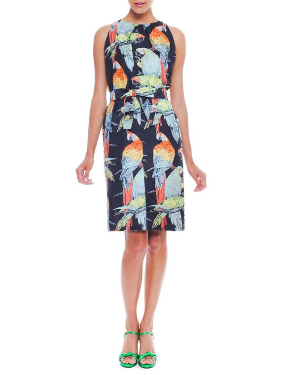 1960S DONALD BROOKS Printed Tropical Silk Parot Dr
