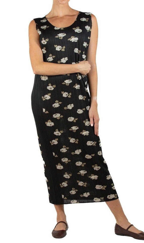 1990S Pleats Please Issey Miyake Black Floral Polyester Long Dress