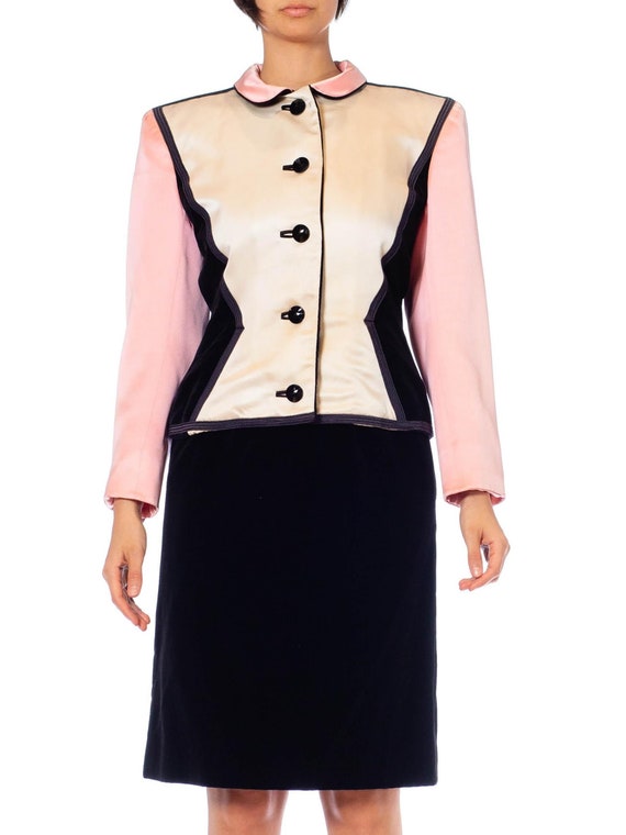 1980S Yves Saint Laurent Black  Pink Silk Duchess… - image 1
