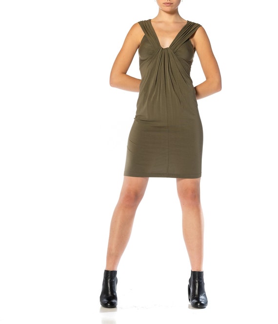 1990S DONNA KARAN Olive Green Rayon Sleeveless Cowl Neck Dress