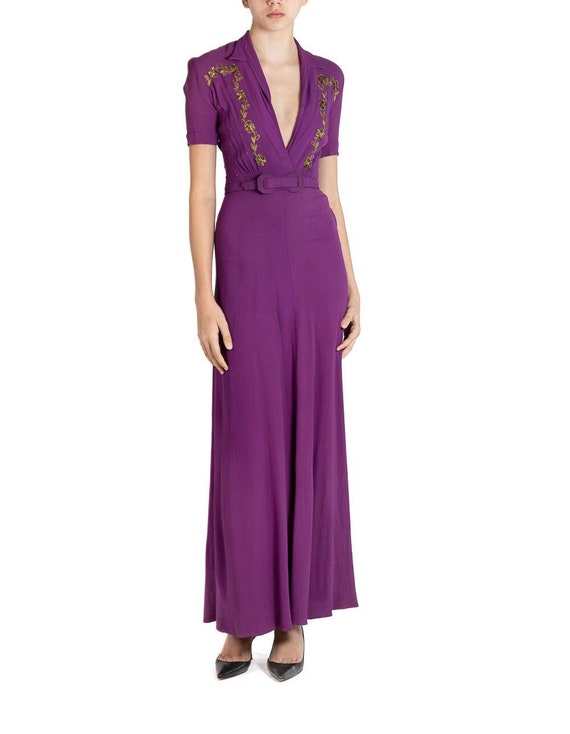 1930S Purple Rayon Crepe Dress With Belt & Gold S… - image 1