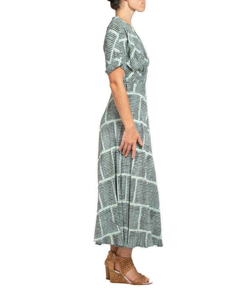 1940S Light Blue & Black Cold Rayon Geometric Print Wrap Dress image 3