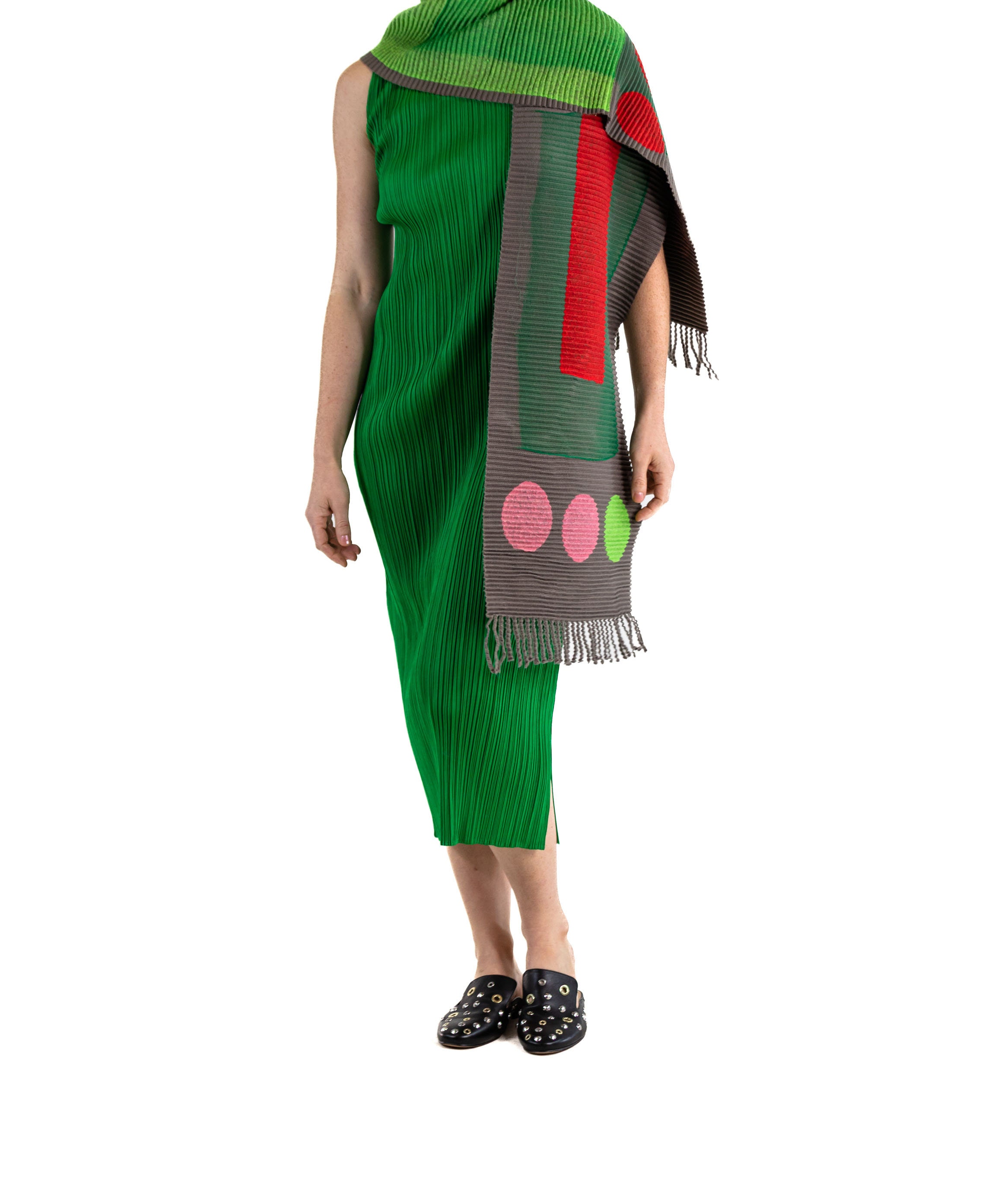 1990S Issey Miyake Grey & Green Wool Blend Scarf Pleated With