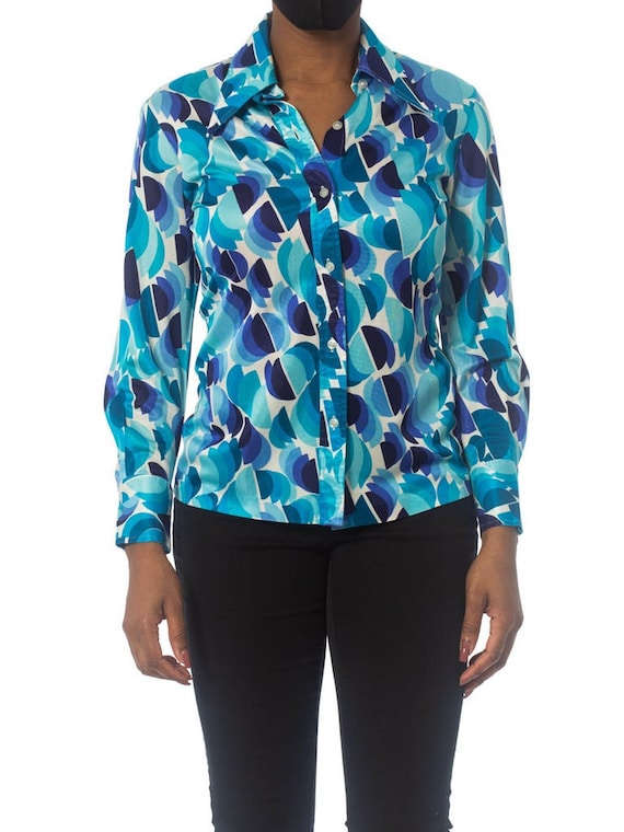 1970S Blue Geometric Nylon Silky Jersey Shirt
