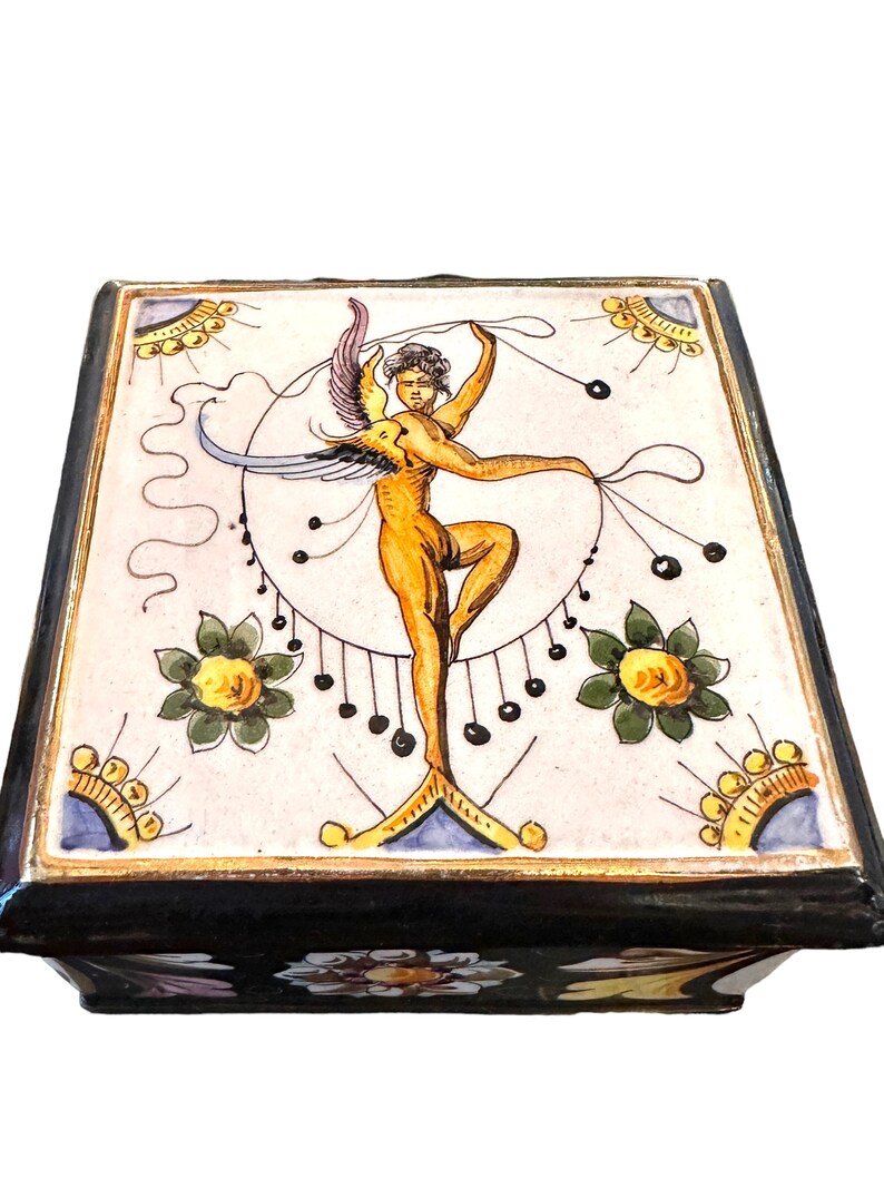 Morphew Abode 1950S White Italian Cermanic Handpainted Angel With Flowers Box Matching Saucers image 7