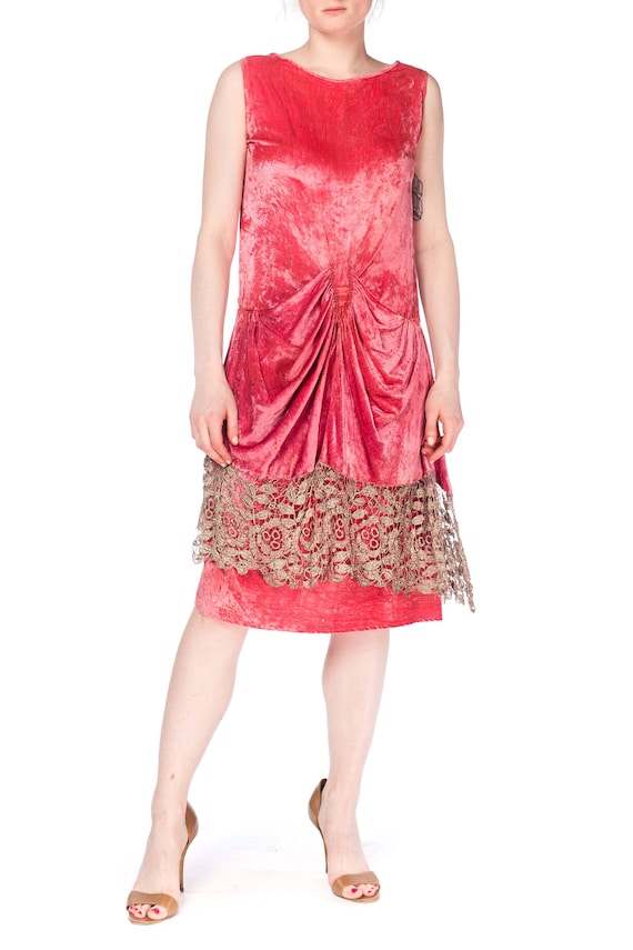 1920S Pink Silk Velvet Draped Cocktail Dress With 