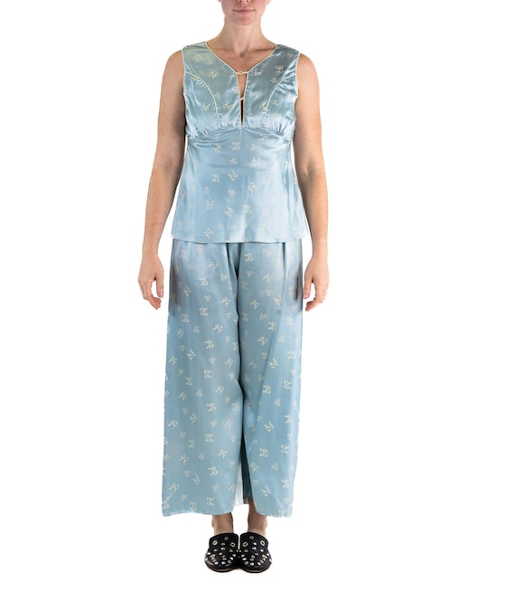 1940S Powdered Blue Rayon Satin Bow Print Pajamas - image 1