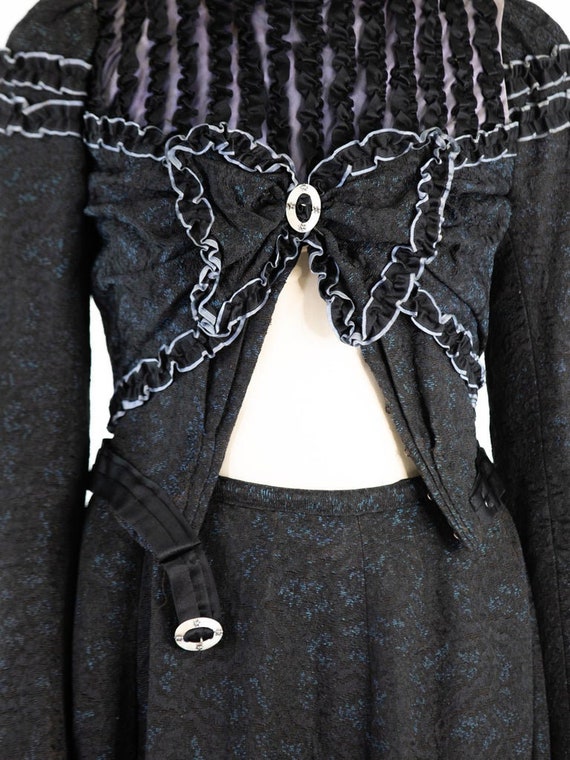 Victorian Black Silk  Wool Jacquard Blue Ruffled … - image 8