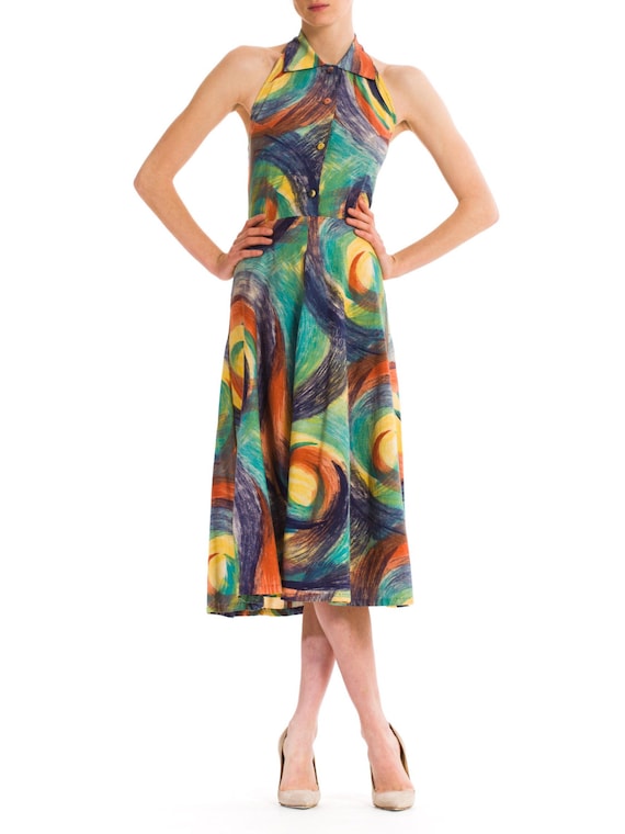 1950S Multicolor Hand Painted Cotton Backless Hal… - image 1