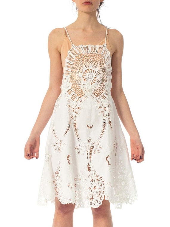 1970S White Cotton Lace Crochet Top Dress