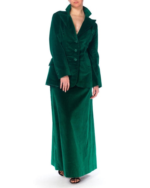 1970S Green Cotton Velvet Maxi Skirt Suit XL - image 1