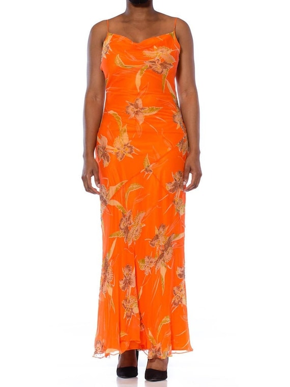 1990S Orange Tropical Floral Silk Chiffon Bias Cu
