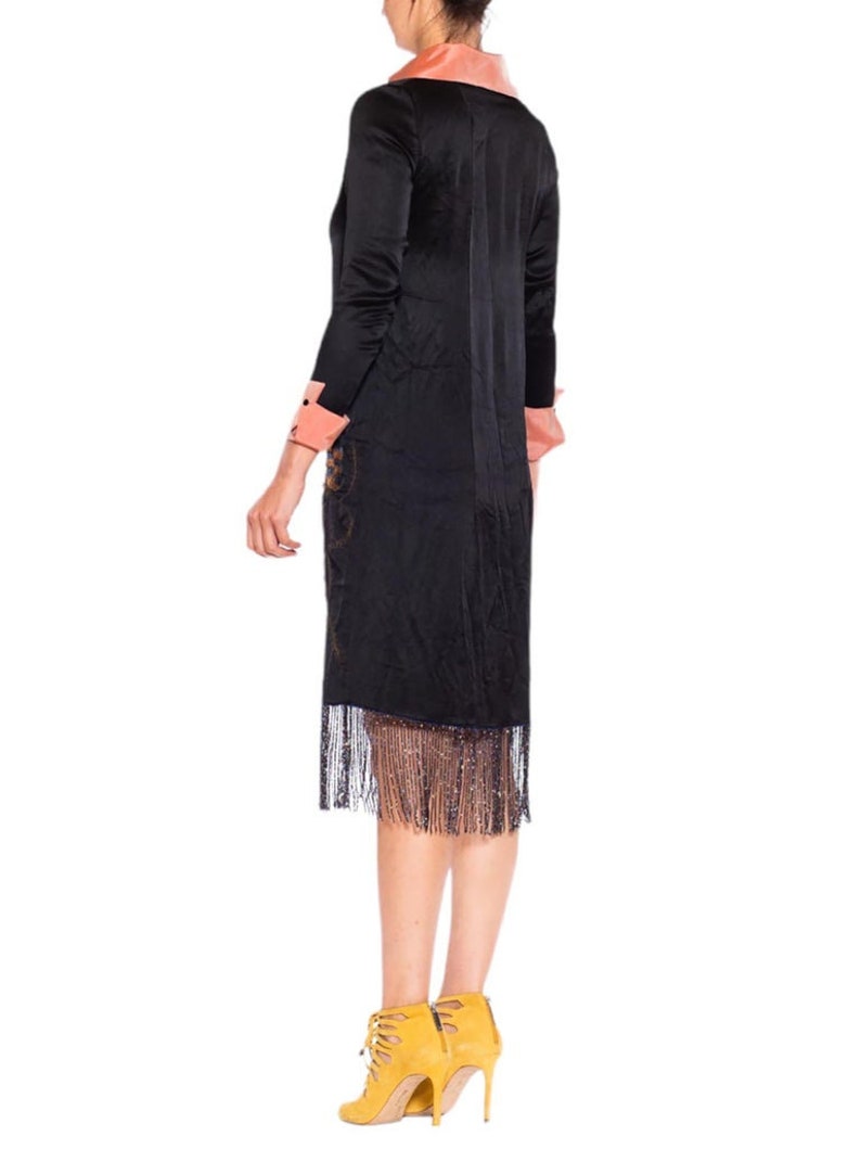 1920S Morphew Collection Black Pink Silk Faille Embroidered Dress With Beaded Fringe image 8