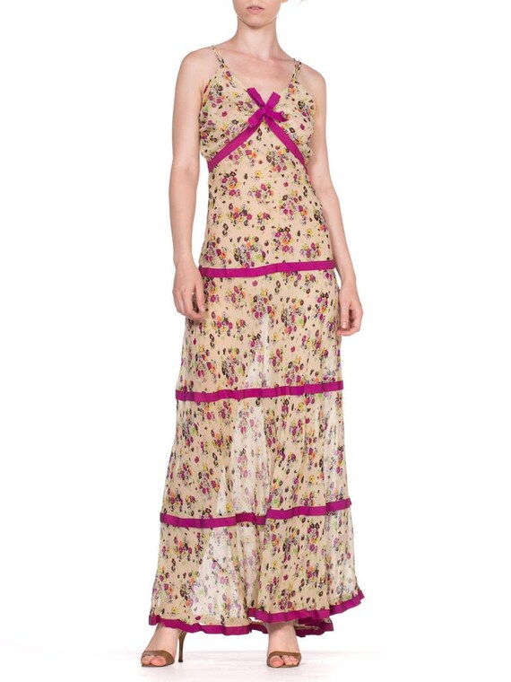 1930's Floral Silk Chiffon Boho Maxi Dress With Ri