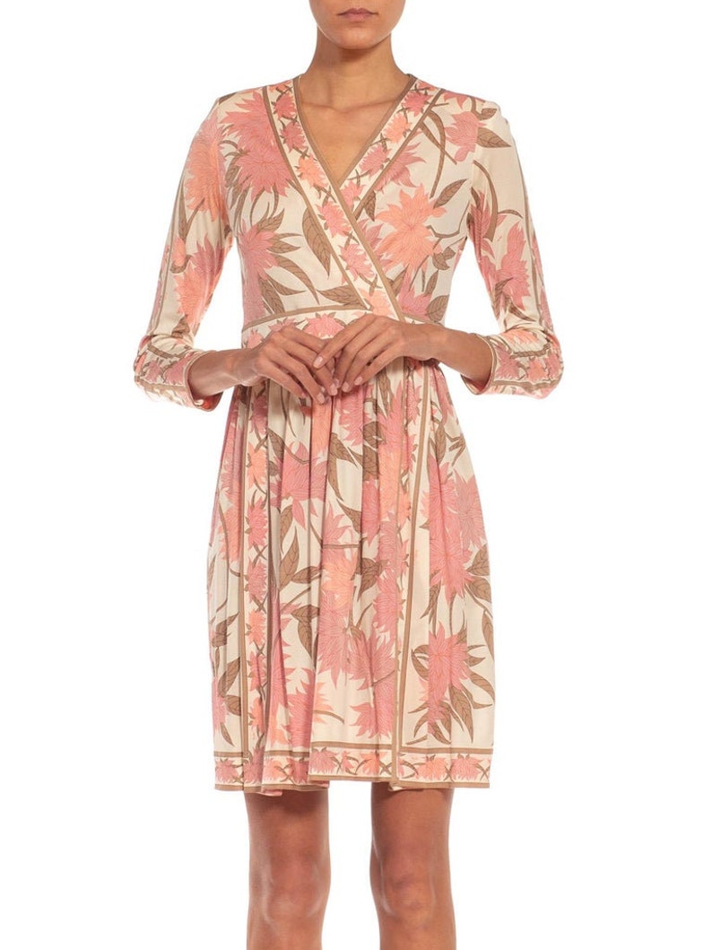 1970S Emilio Pucci Cream, Brown Pink Floral Silk Rayon Blend Signed Dress image 3