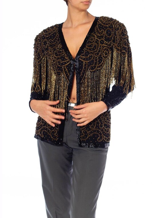 1980S Black  Gold Silk Beaded Fringe Jacket - image 4