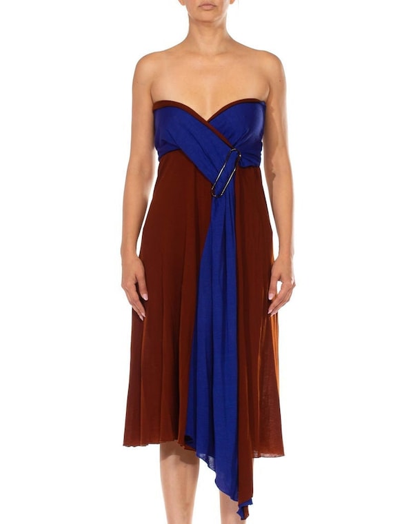 1990S JEAN PAUL GAULTIER Blue & Brown Wool Jersey Strapless 1990S JEAN PAUL GAULTIER Blue & Brown Wool Jersey Strapless