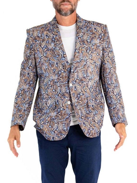 1970S Blue  Brown Polyester Paisley Print Blazer - image 6