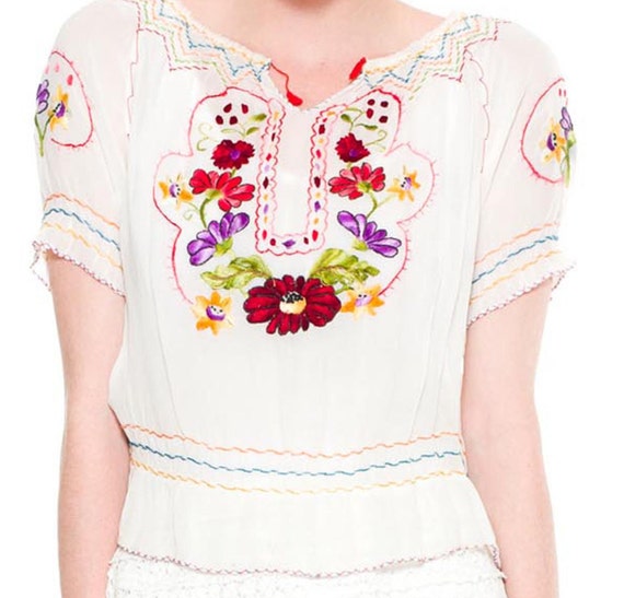 1940S White Hand Embroidered Rayon Georgette Boho