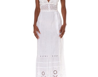 MORPHEW COLLECTION White Organic Cotton Eyelet Lace Maxi Dress Made From Victorian Hand Embroidered