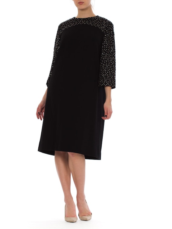 1960S Black Wool Knit Crystal Beaded Sleeve Mod Co