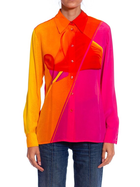 1990S Pink Orange Silk Chiffon Tropical Floral Blous… Gem