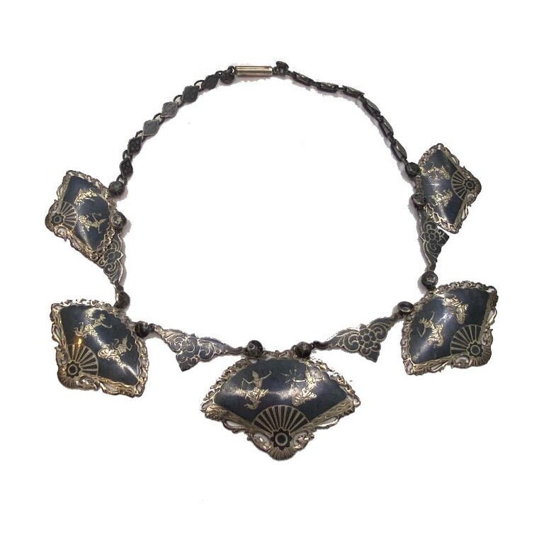 1950S Sterling Silver Siam Dancer Fan Necklace